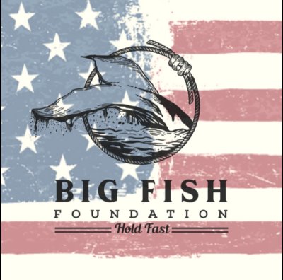A big fish foundation logo with an american flag in the background