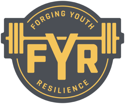 A logo for forging youth resilience with a barbell in the center