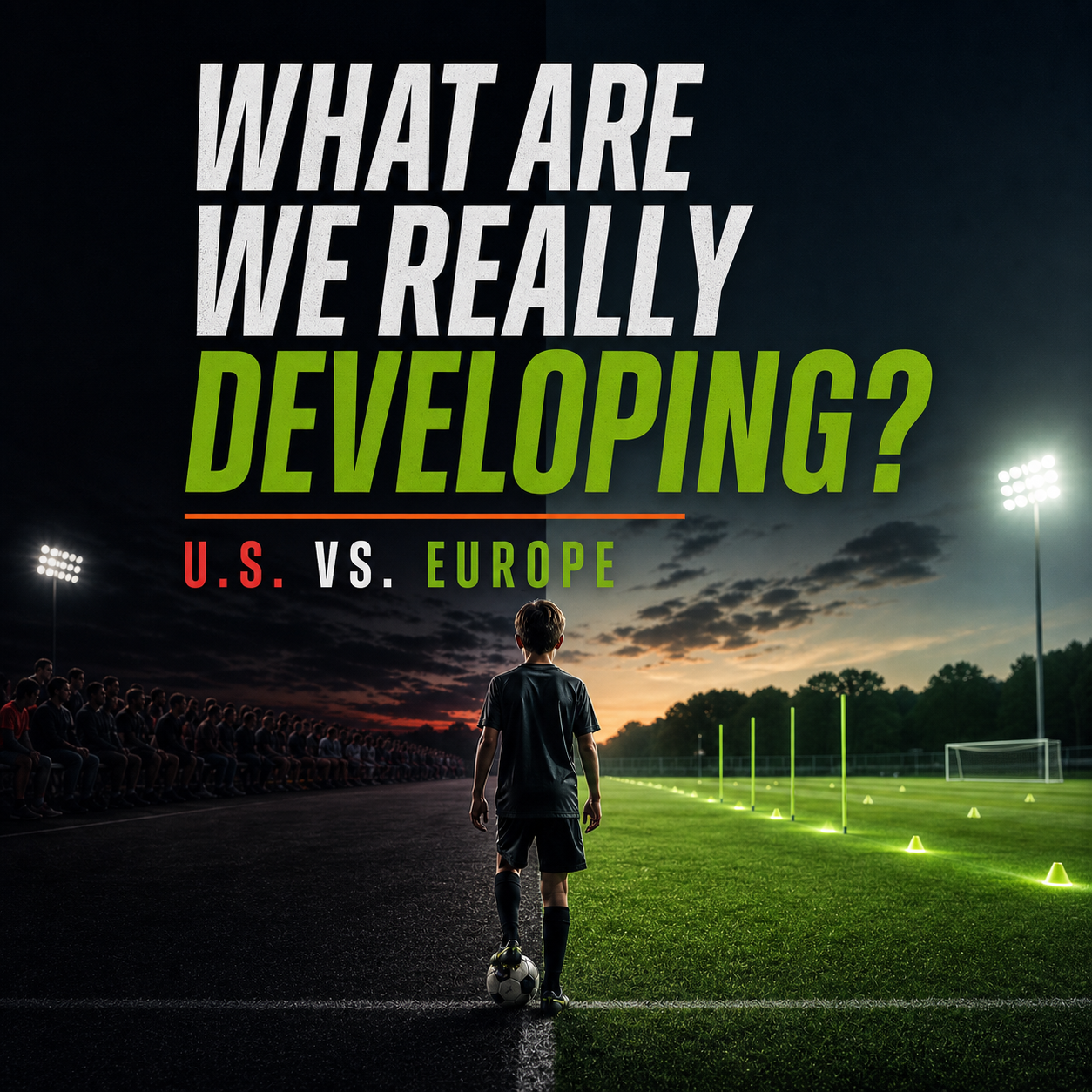 Youth soccer player on a split U.S.-Europe field
