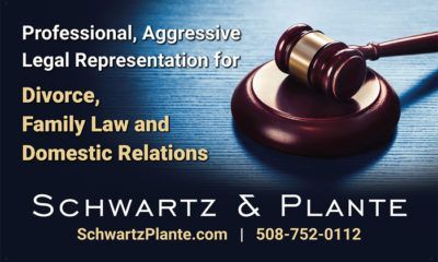 An advertisement for schwartz & plante shows a judge 's gavel