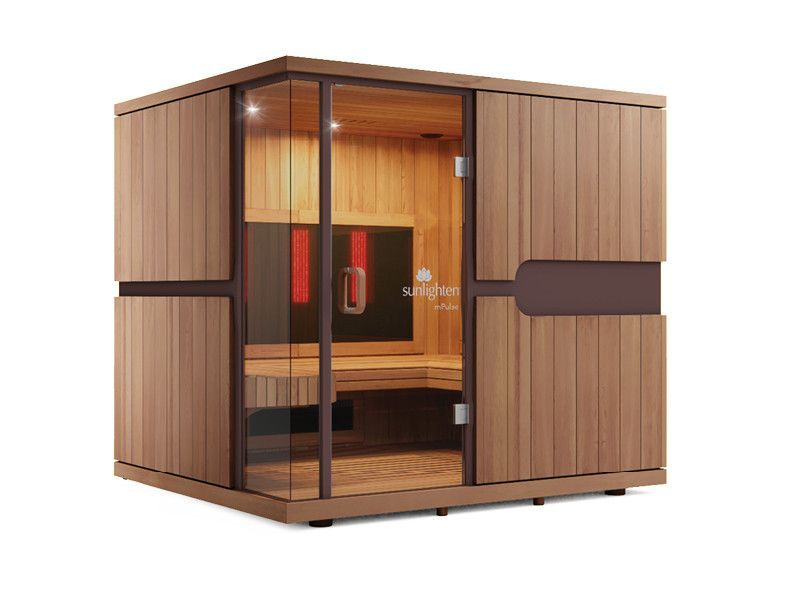 A wooden sauna with a glass door on a white background.