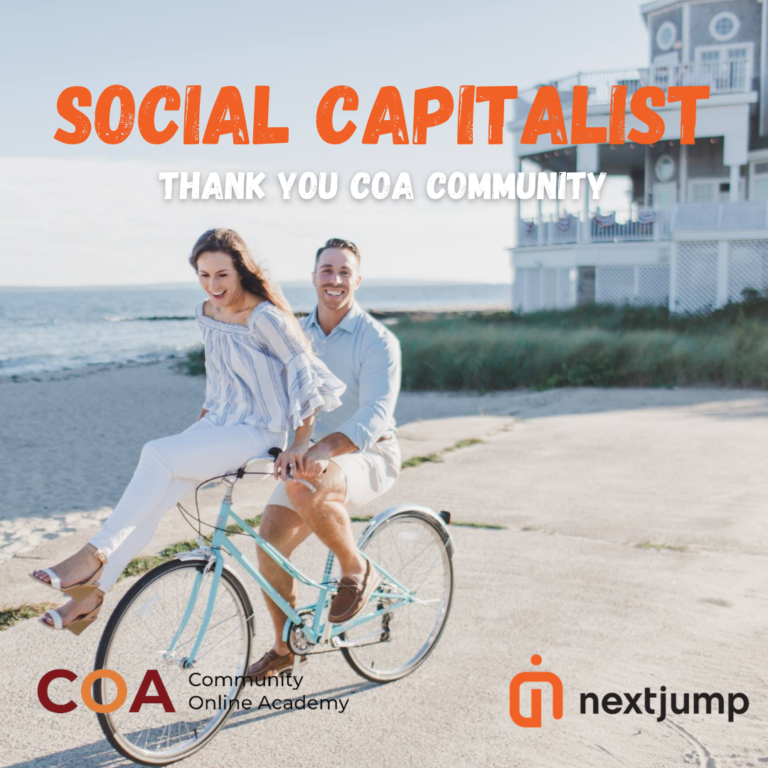 A man and a woman riding a bike with the words social capitalist thank you coa community