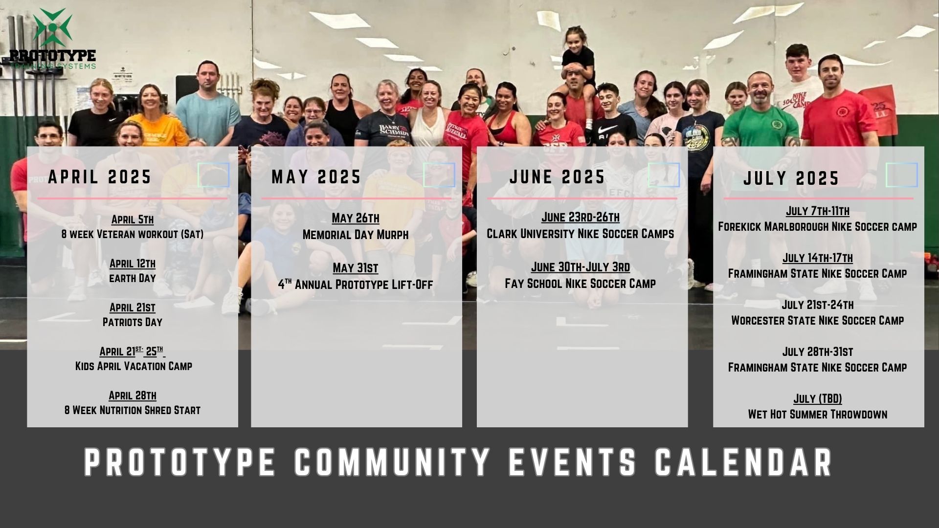 A group of people standing in front of a prototype community events calendar
