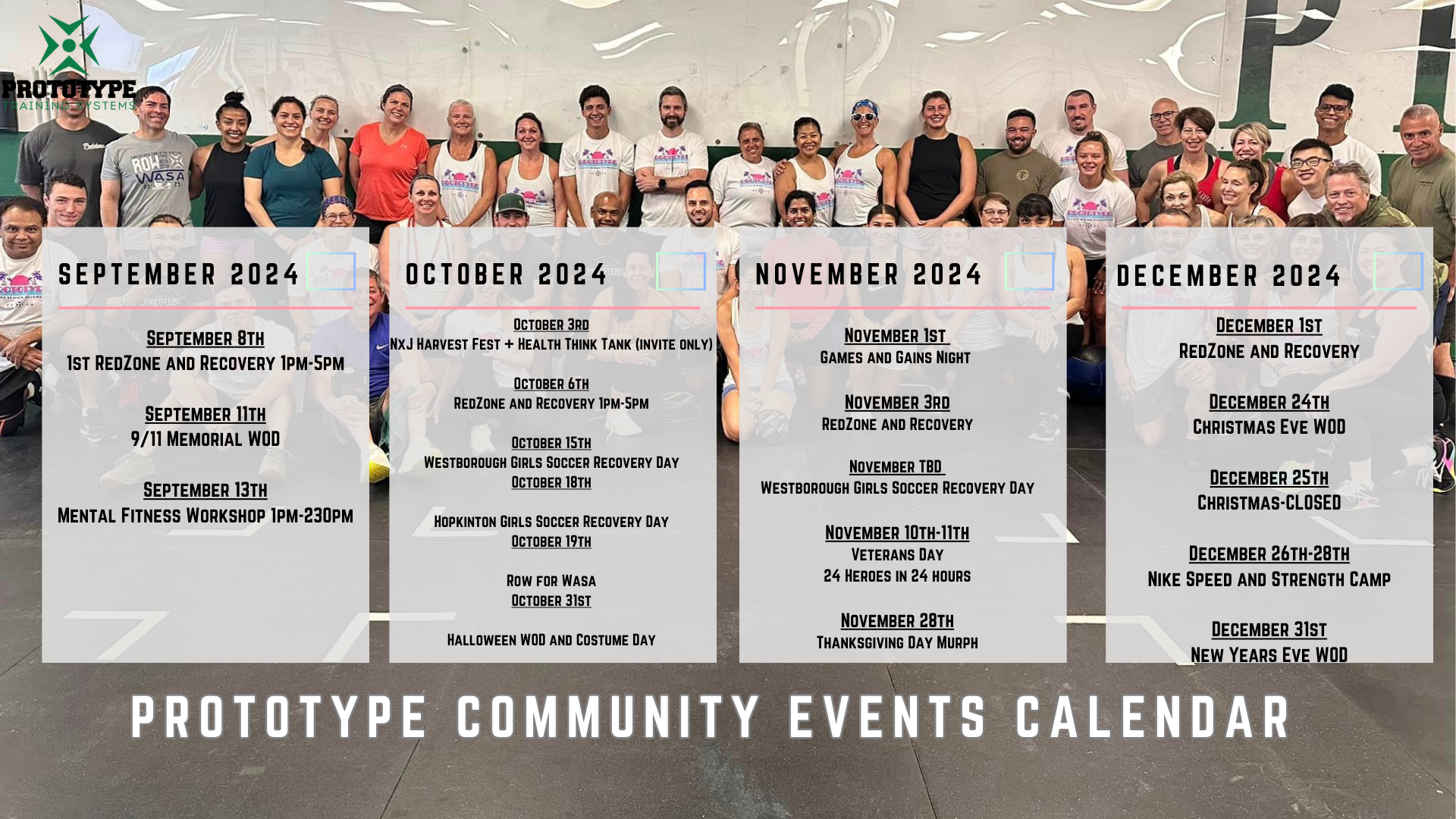 A group of people standing in front of a prototype community events calendar