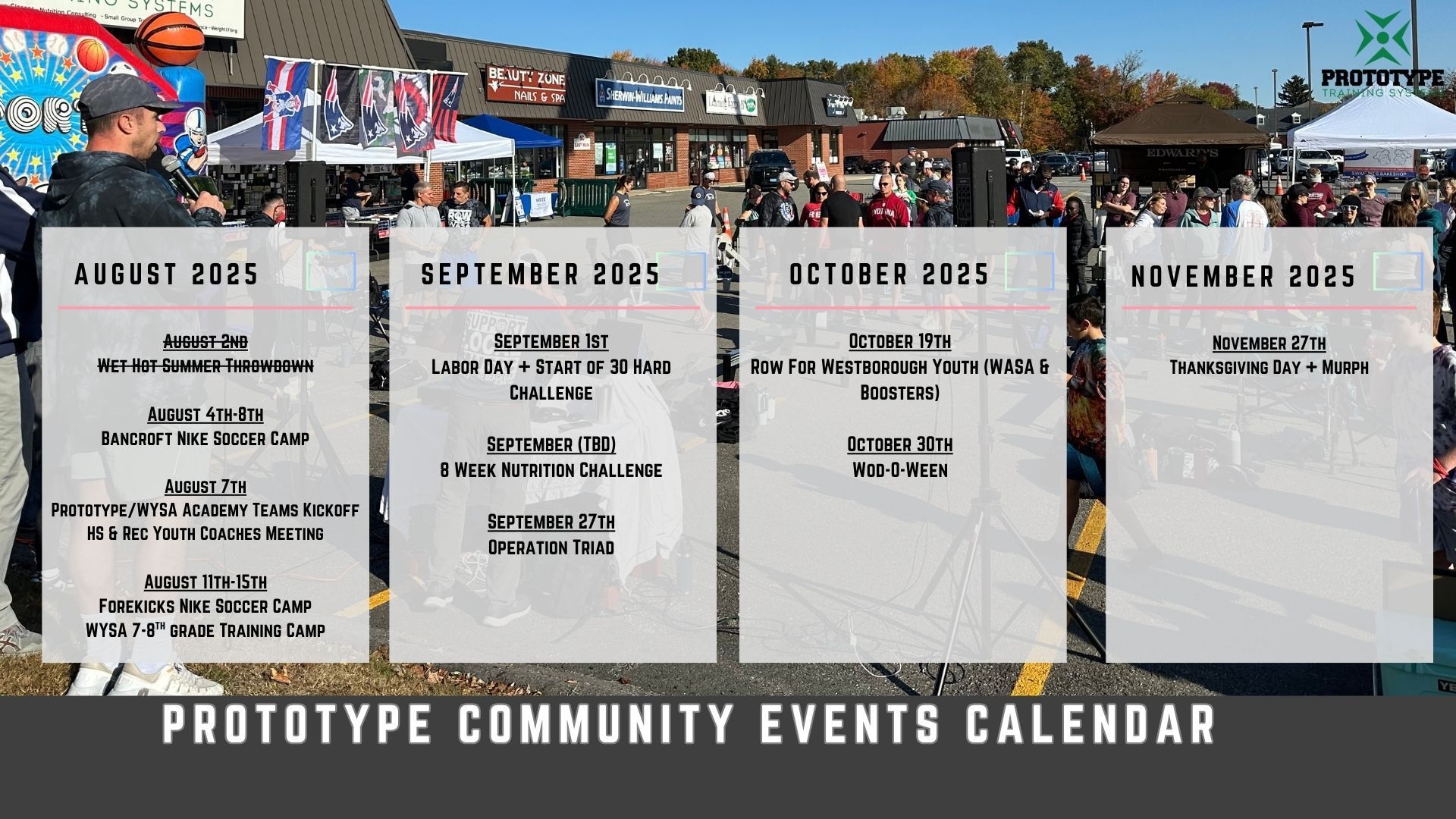 A group of people standing in front of a prototype community events calendar