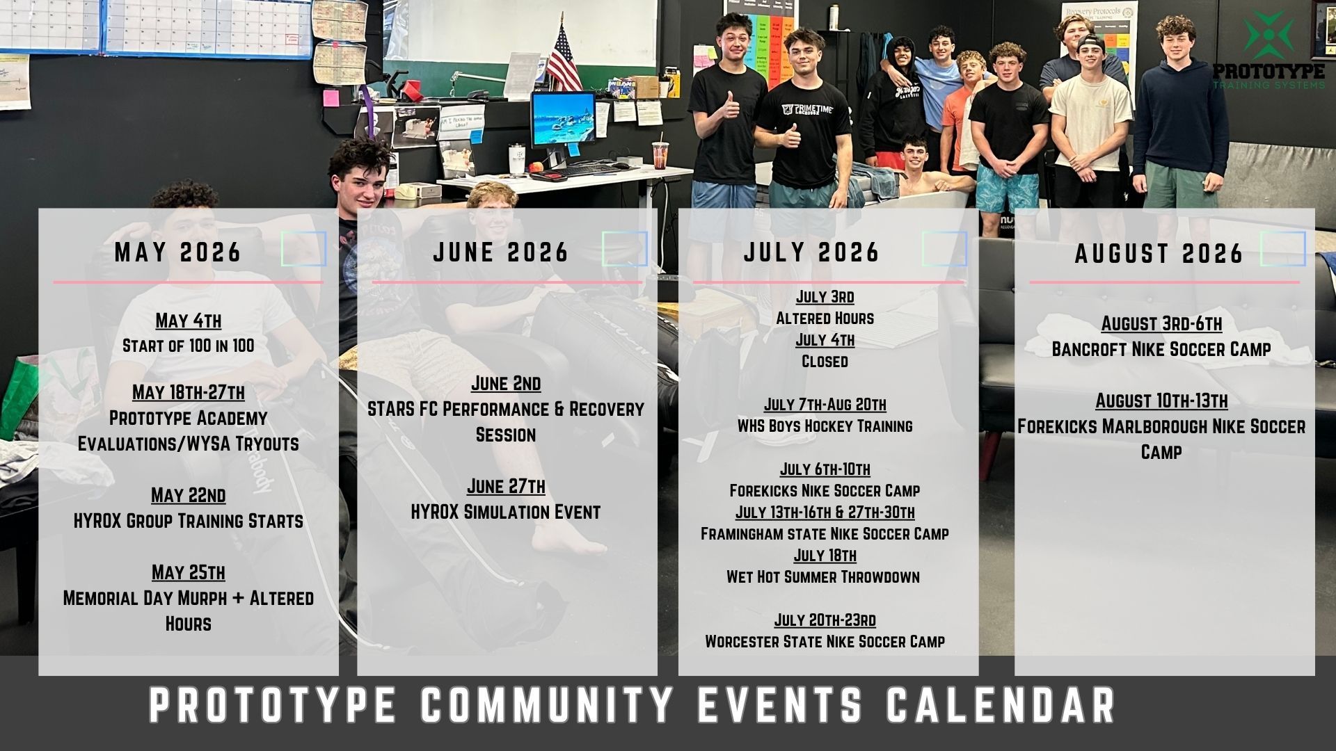 Prototype community events calendar with four monthly columns and small group photos at the top.