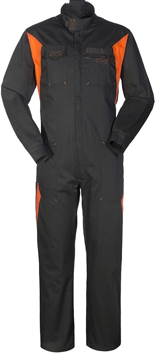 Una tuta nera e arancione è su un manichino.