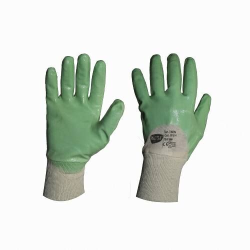 Un paio di guanti di sicurezza verdi su sfondo bianco