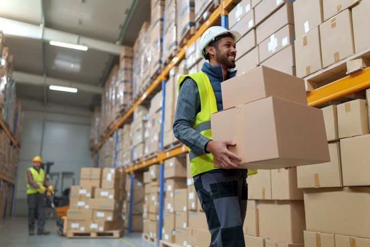 Worker carrying boxes in a warehouse, wearing safety vest and hard hat. Another worker operates a forklift.