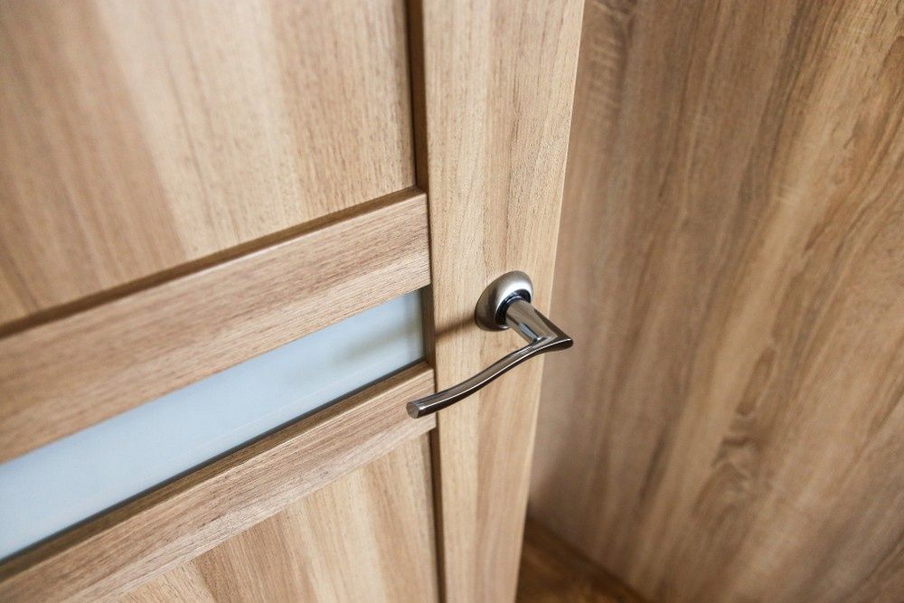 Door with Silver Handle and Frosted Glass Panel, Wood Grain Finish — Precision Doors in Berrimah, NT