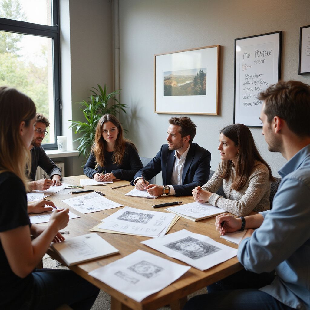 Group of people in a meeting around a wooden table, discussing papers and documents.