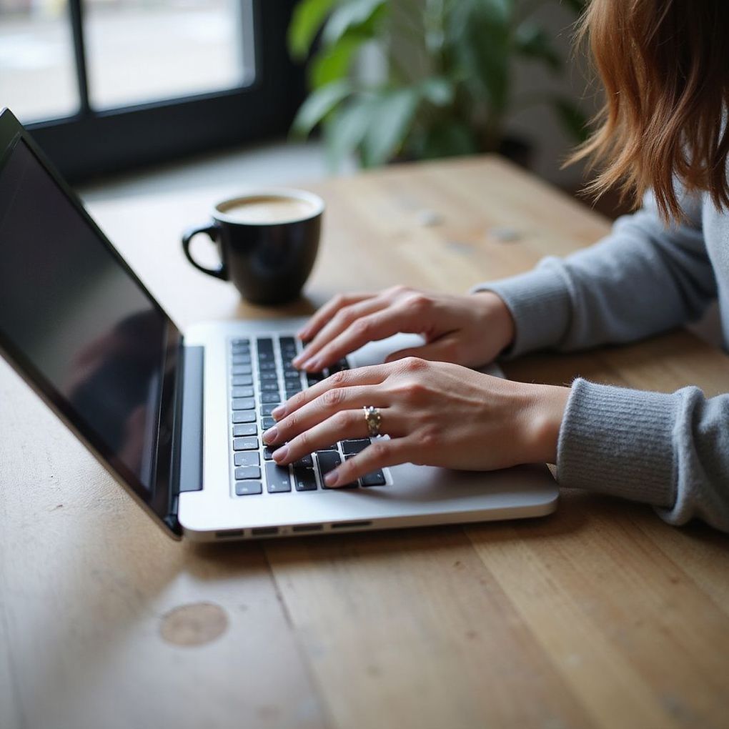 Woman typing on laptop, cup of coffee on the table. Indoor setting, natural light, focused.