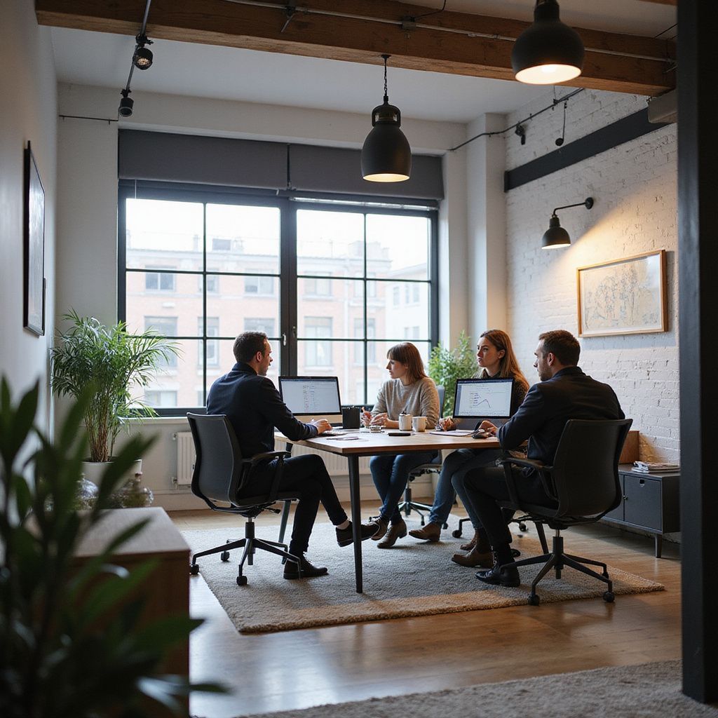 Four people in an office meeting, gathered around a table with computers.