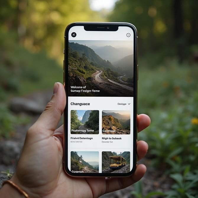 Hand holding a phone displaying a travel app, with a landscape photo, over a blurred outdoor setting.