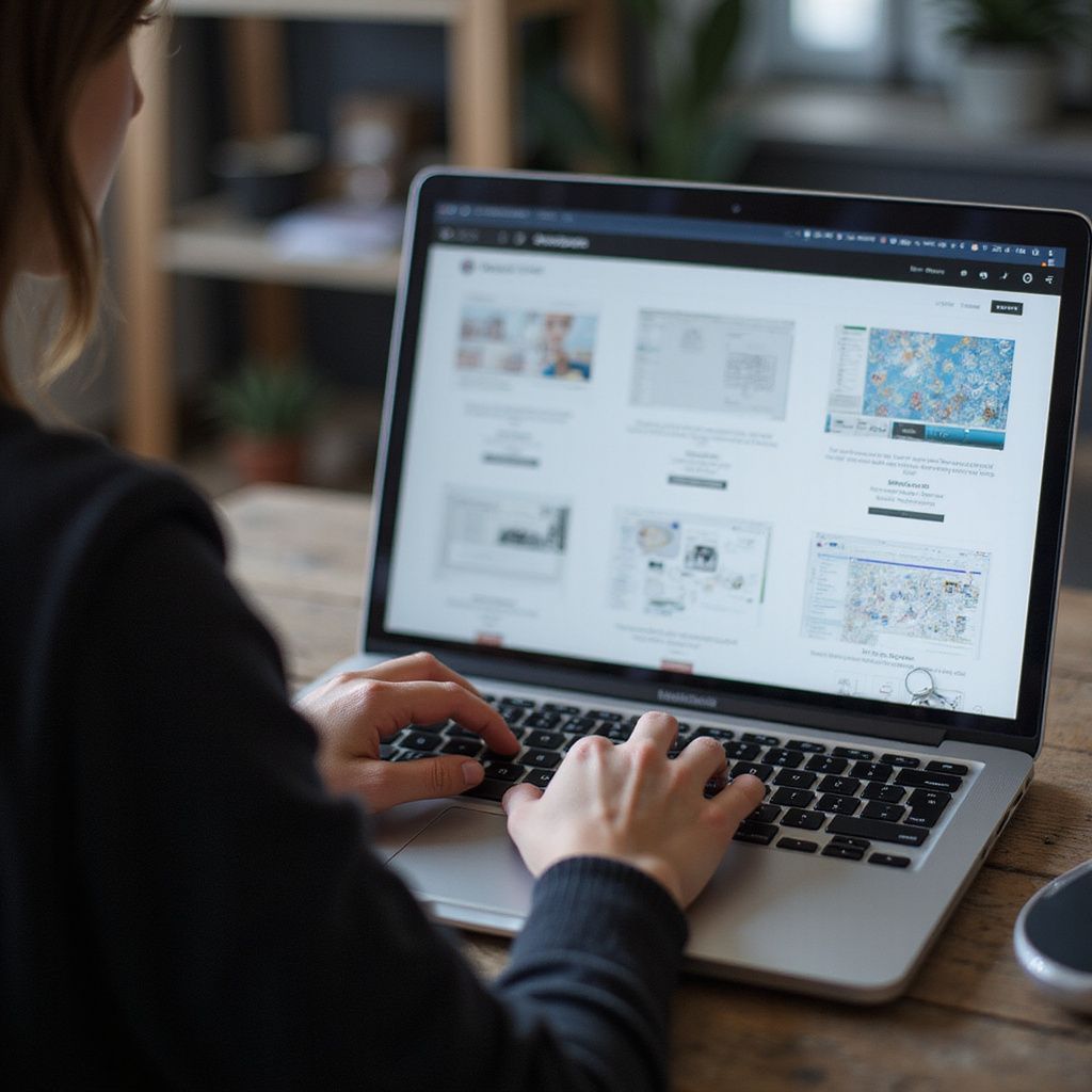 Woman using a laptop, viewing a website with various design mockups at a wooden desk.