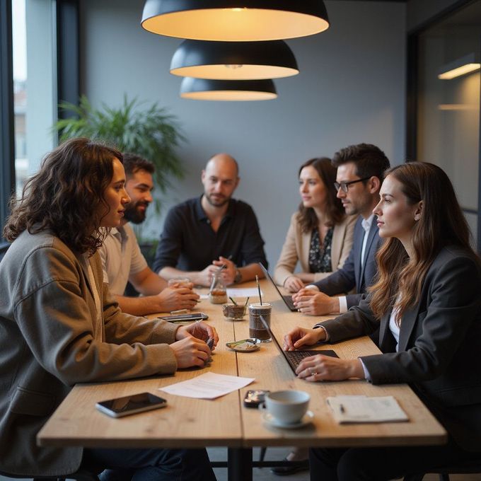 Group of people in business attire meeting around a wooden table, discussing.