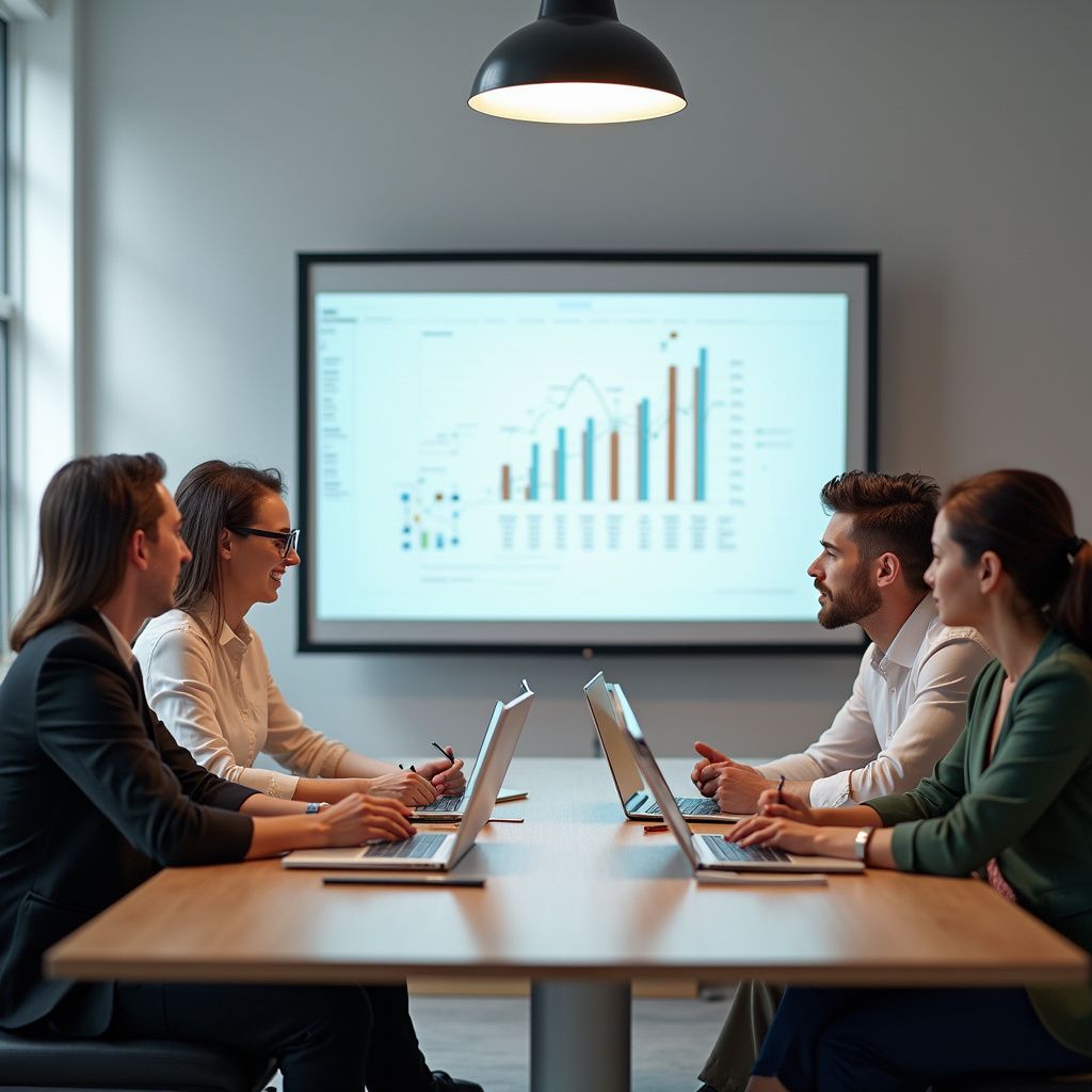 Business team meeting at a conference table, looking at a presentation with graphs on the screen.