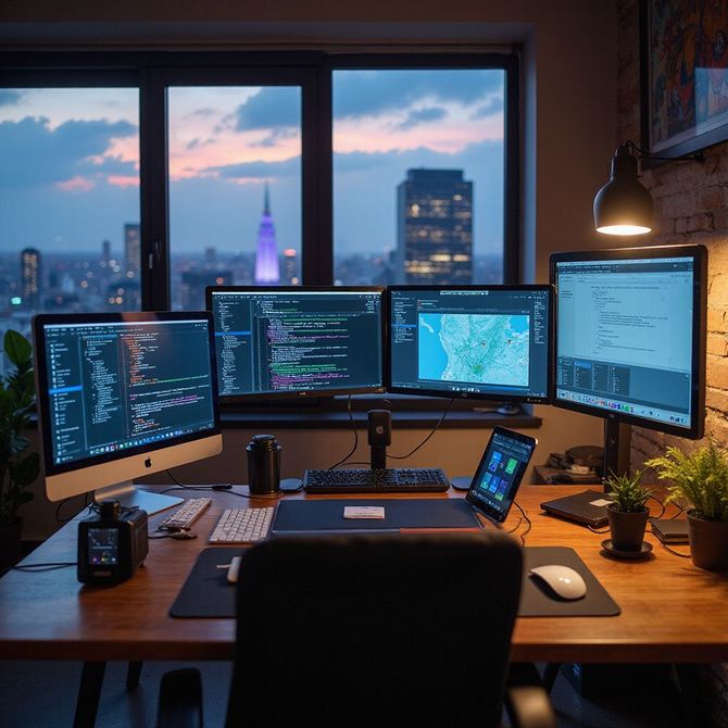 A programmer's desk with multiple monitors, coding on screen, overlooking a city skyline at dusk.