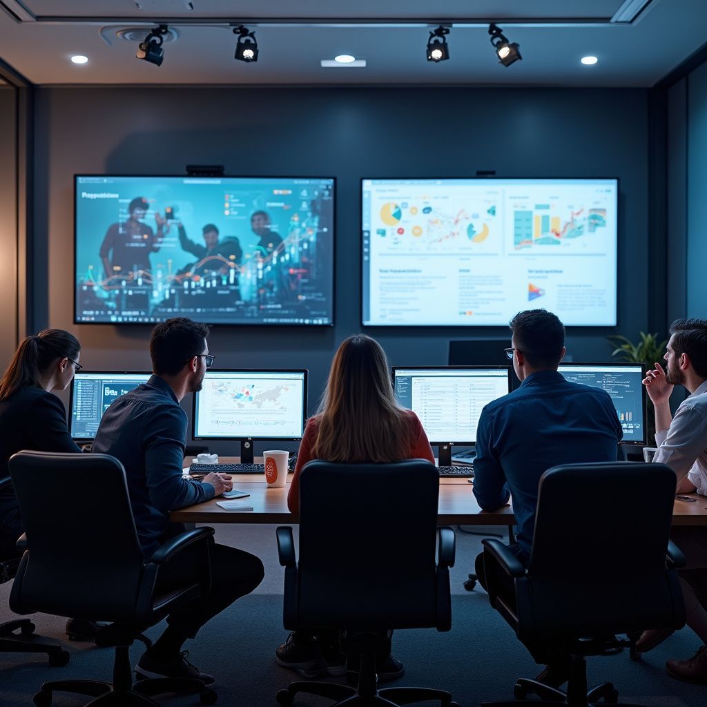 Group of people in a dark control room, watching screens with data and video footage.