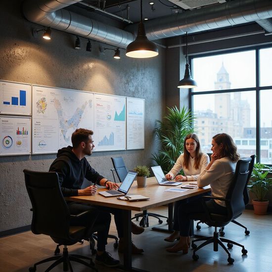 Three people in a modern office meeting, looking at laptops. Charts on a wall, city view.