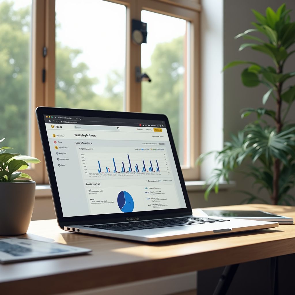 Laptop displaying website analytics on a desk, window and plant in background.
