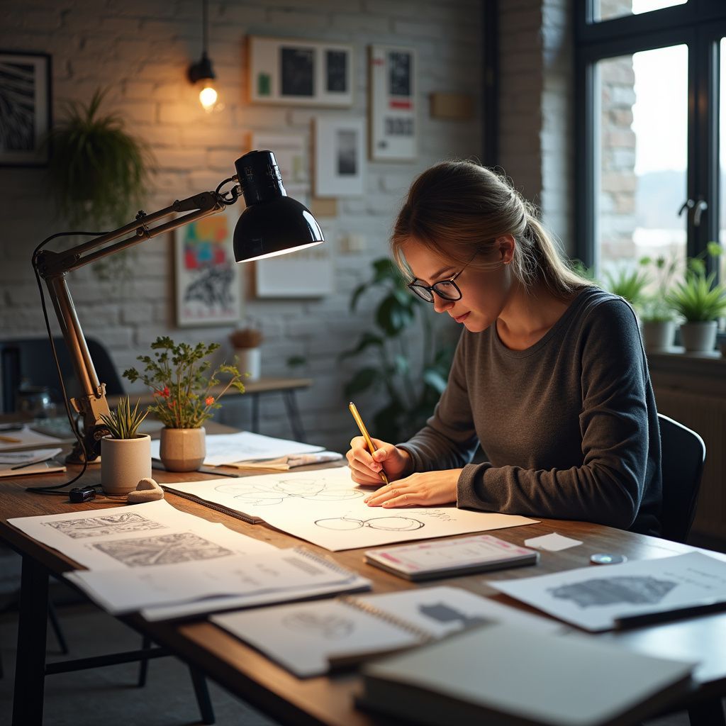 Woman sketching at a desk, lit by a lamp. She is wearing glasses in a bright home office.