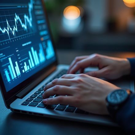 Person using a laptop, analyzing graphs and charts on a screen. The setting appears to be an office.