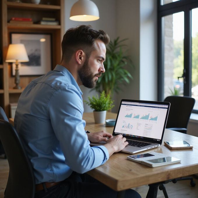 Man working on a laptop at a wooden desk with charts on the screen.