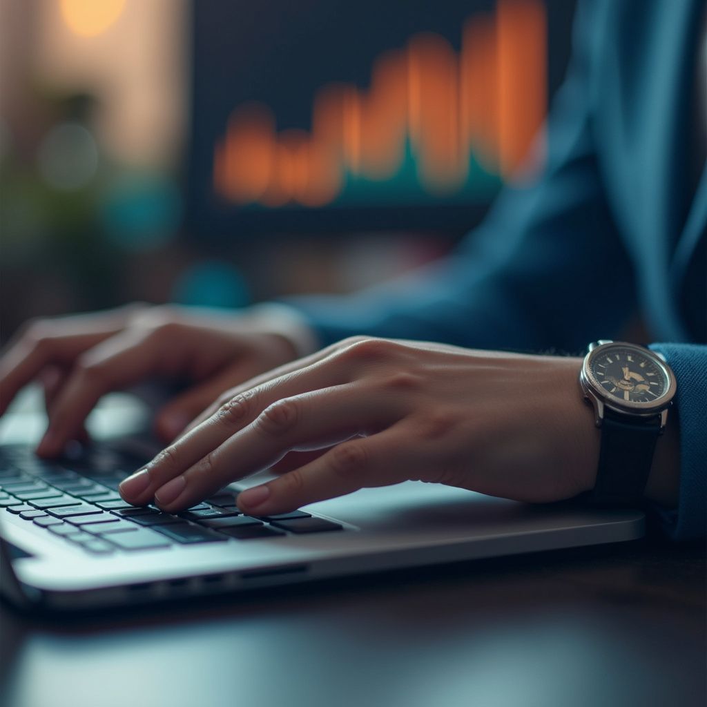 Hands typing on a laptop, wrist watch visible. Background with blurred graphs.