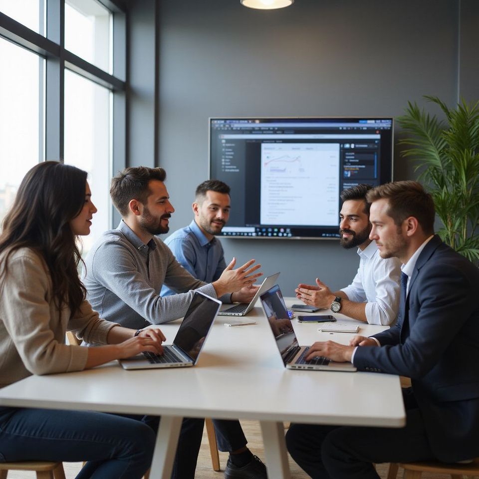 A team of five professionals collaborating around a table in an office, using laptops and gesturing.