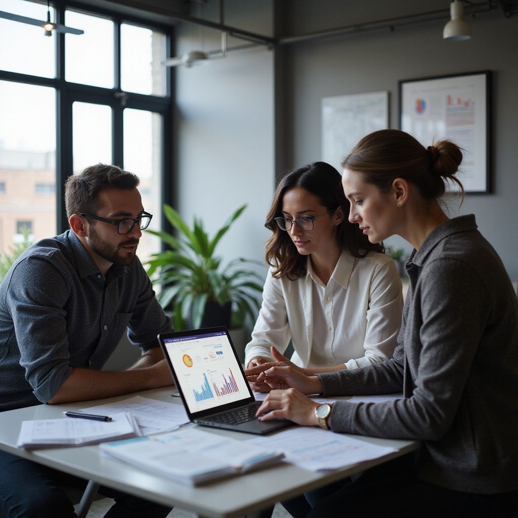 Three professionals around a table, reviewing charts on a laptop in a modern office.