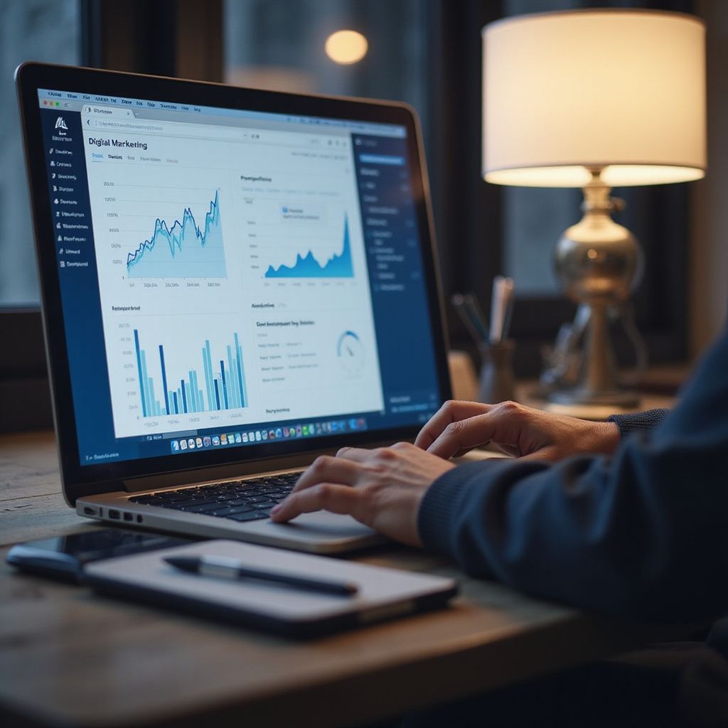 Person working on laptop, viewing graphs and charts, notebook and pen on desk.