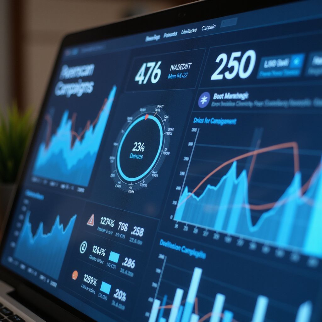 Laptop screen displaying data visualizations, charts, and graphs in shades of blue.