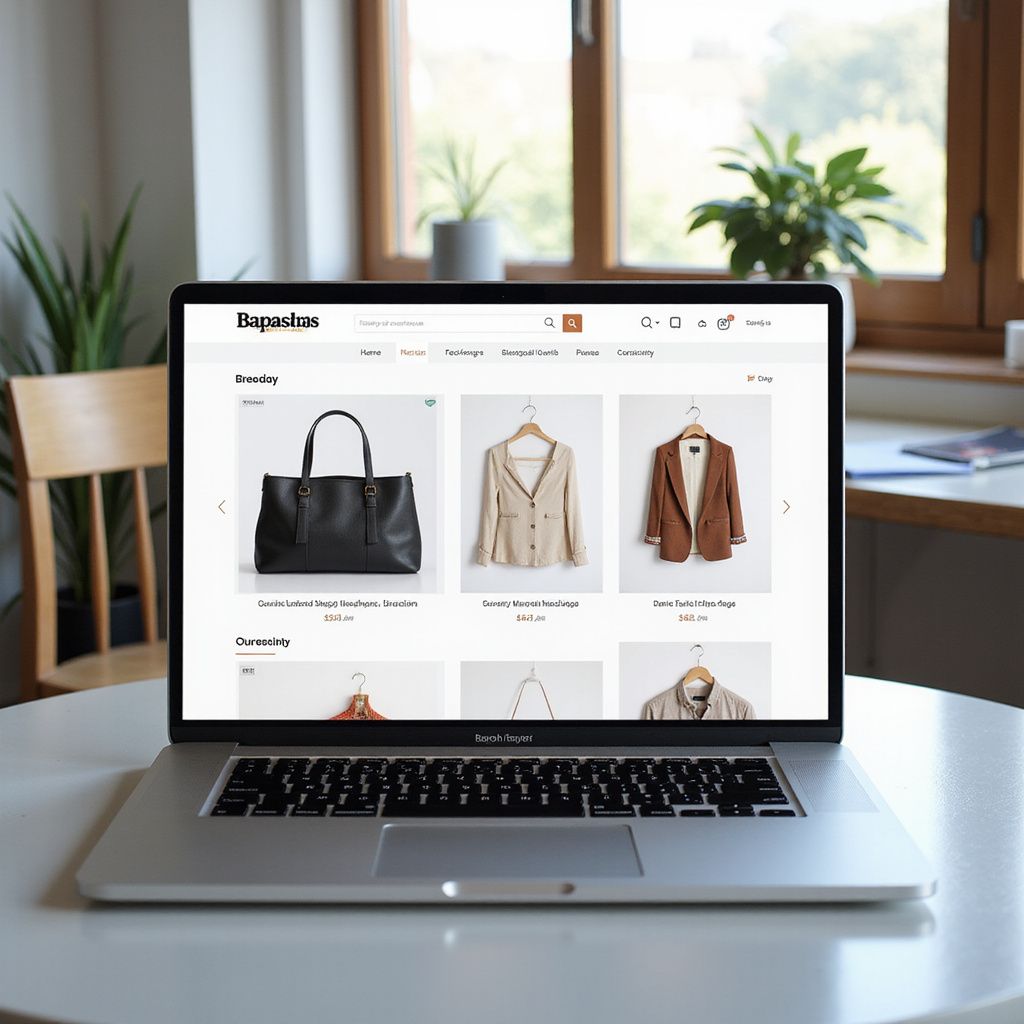 Laptop displaying a fashion website on a white table.