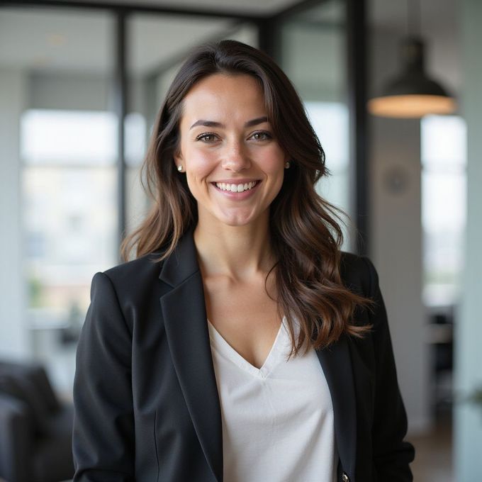 Woman in a black blazer and white shirt smiles at the camera in an office setting.