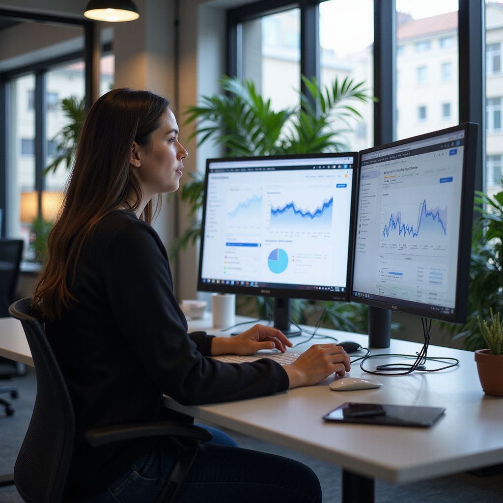Woman in office analyzing charts on two computer monitors.
