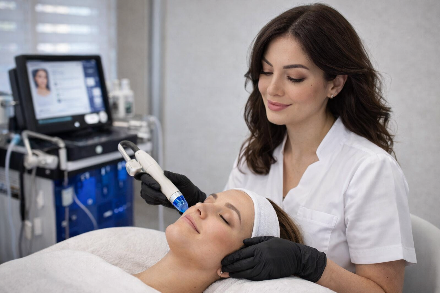 Vrouw met een apparaat in de hand, in een kliniek, tijdens de behandeling van een patiënt. Lachend, donker golvend haar. Witte en lichtblauwe omgeving.