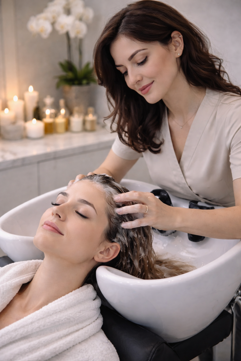 Een persoon krijgt een rugmassage in een schemerig verlichte spa. De handen van de masseuse rusten op de rug van de persoon. Kaarsen en een Boeddhabeeld zijn zichtbaar.