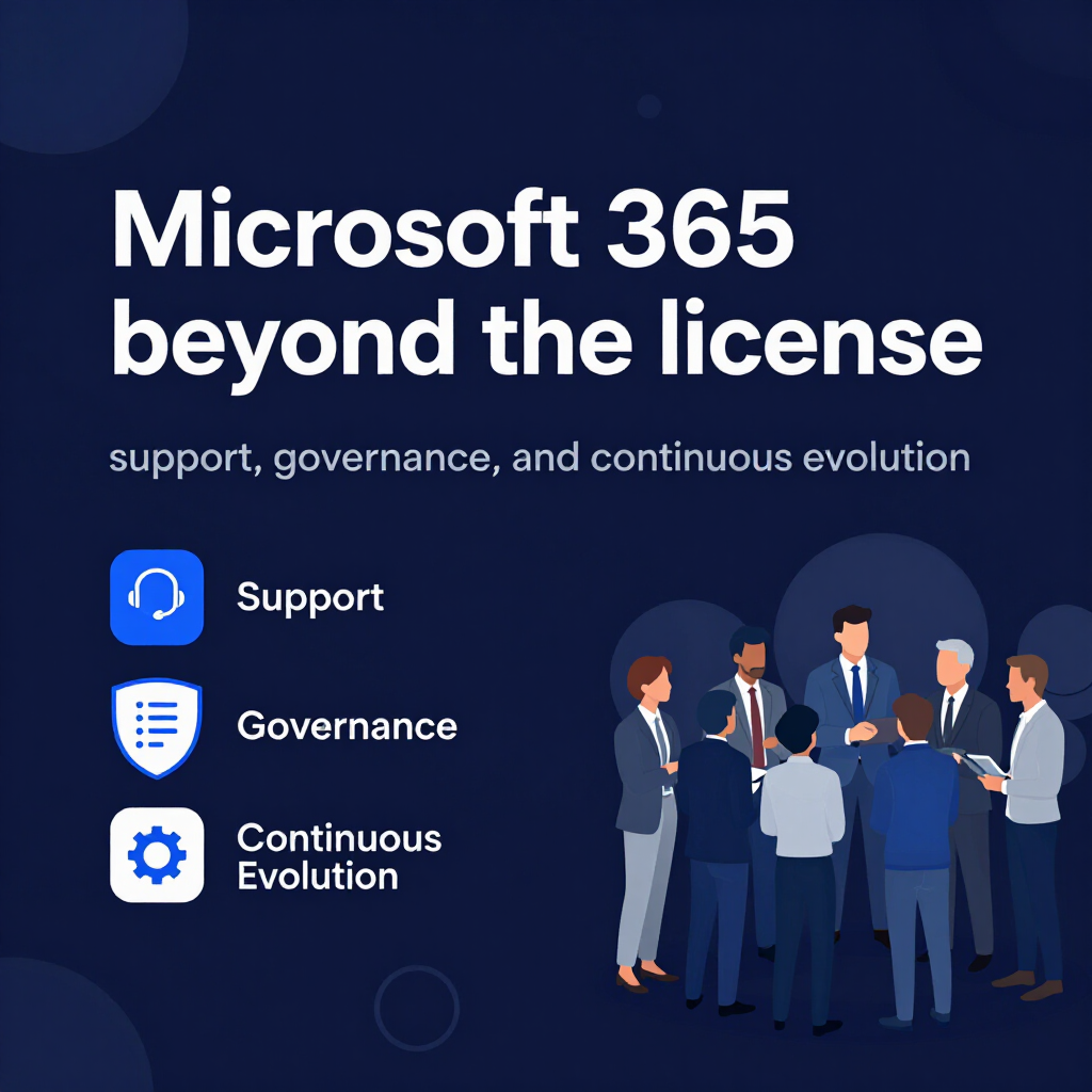 Microsoft 365 promotion on a blurred office background with blue accents and support/governance icons