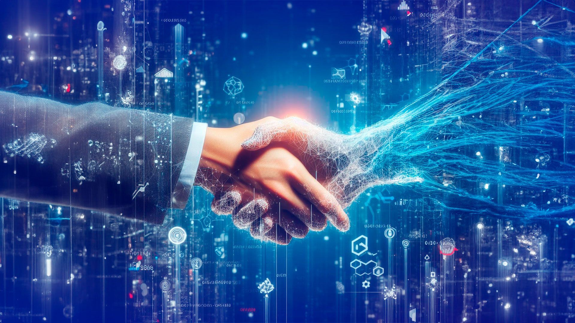 A man and a woman are shaking hands in front of a digital background.