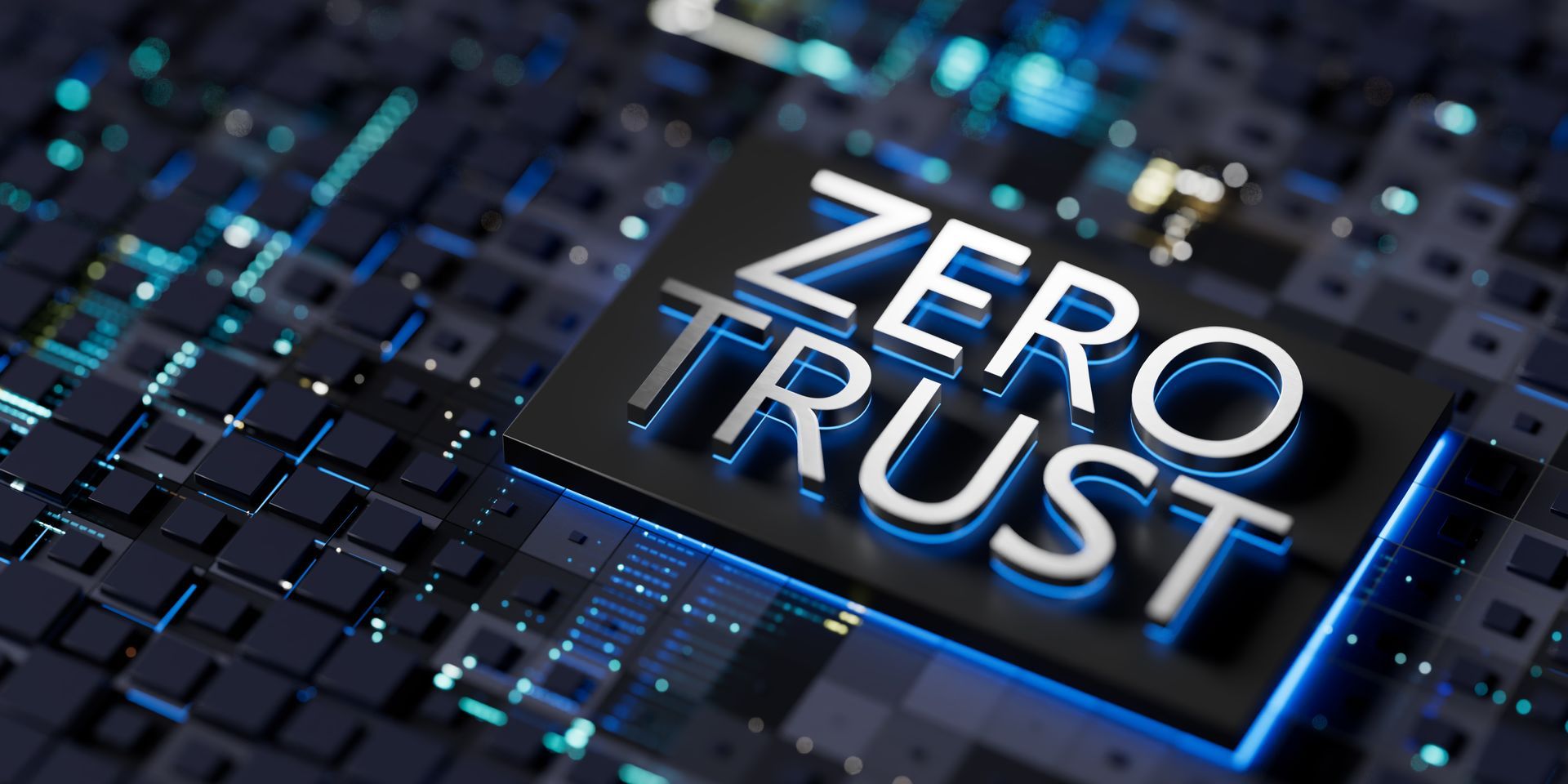 Glowing “ZERO TRUST” text on a dark digital circuit board background