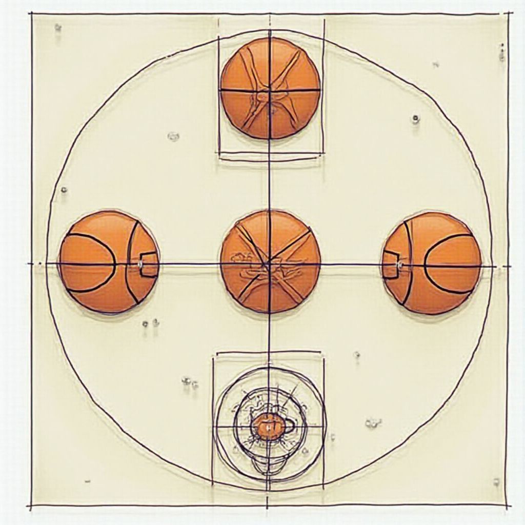 A drawing of a basketball court with four basketballs on it.
