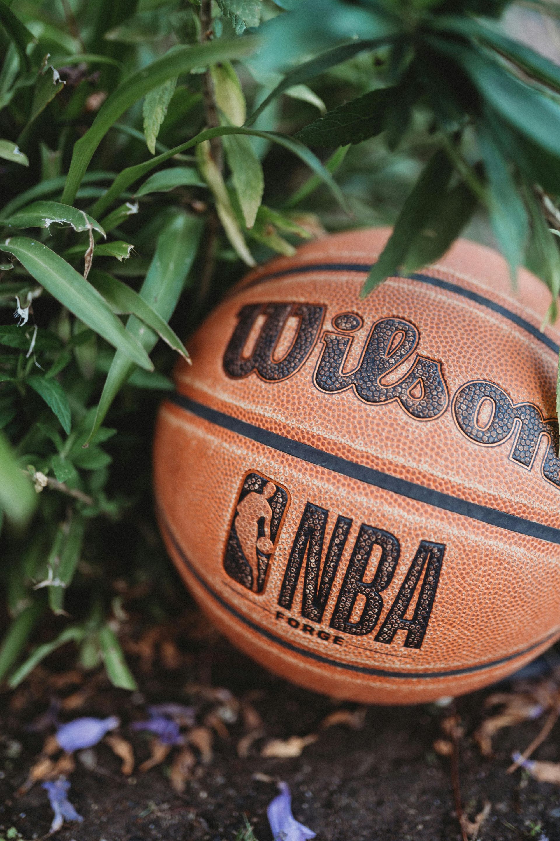 A wilson nba basketball is sitting in the grass.