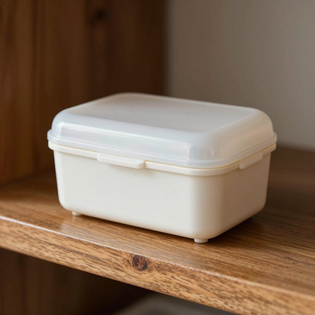 Crèmekleurige, rechthoekige lunchbox met een doorschijnend deksel, staand op een houten plank.