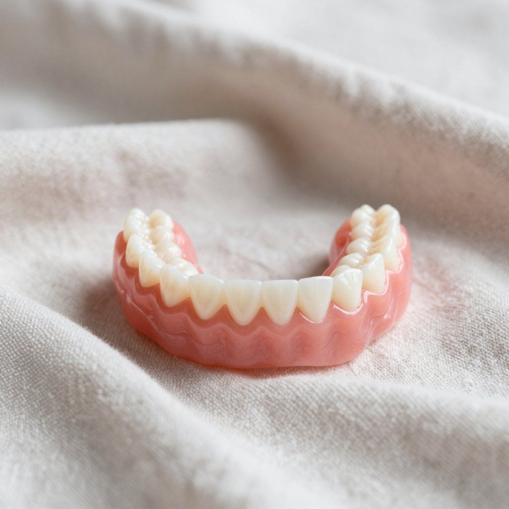 Kunstgebit, roze tandvlees, witte tanden, rustend op een lichtgekleurde stof.