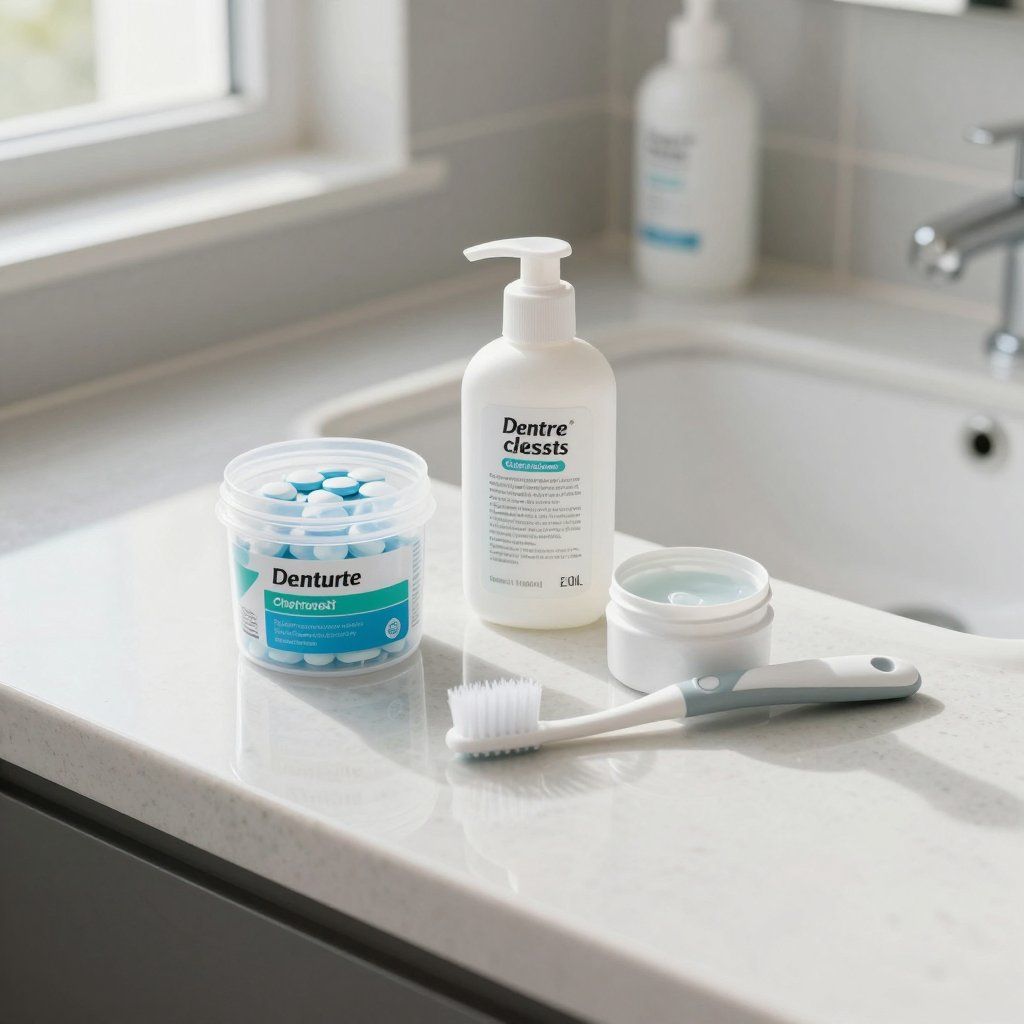 Badkamerkastje met producten voor gebitsreiniging: tandenborstel, reinigingstabletten, zeep en mondspoeling.