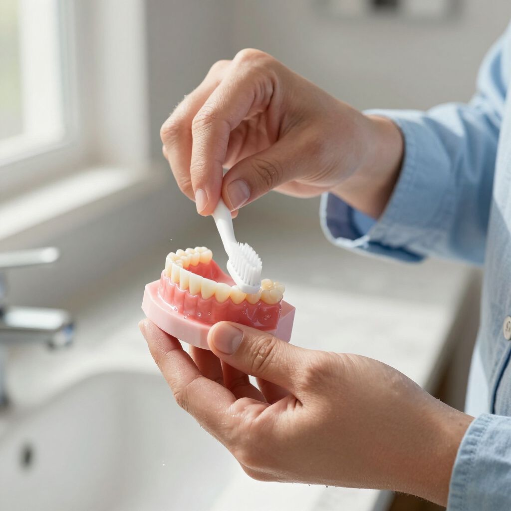 Iemand poetst zijn kunstgebit boven een wastafel. Een lichtroze model van een kunstgebit wordt in de handen gehouden.