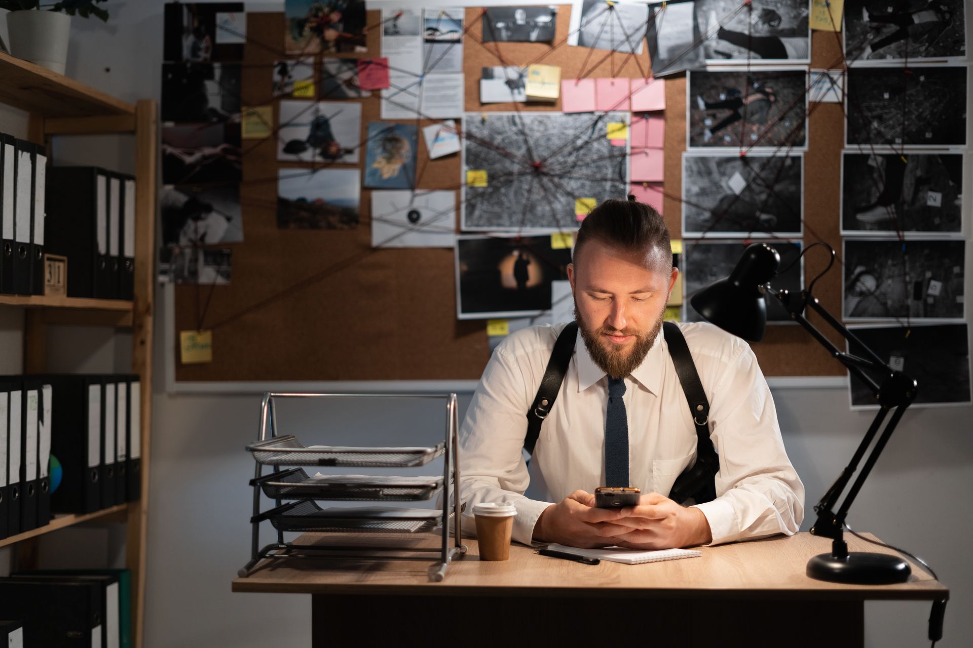 A detective sits in an office looking at a cellphone. Behind him is a board with a thread connection