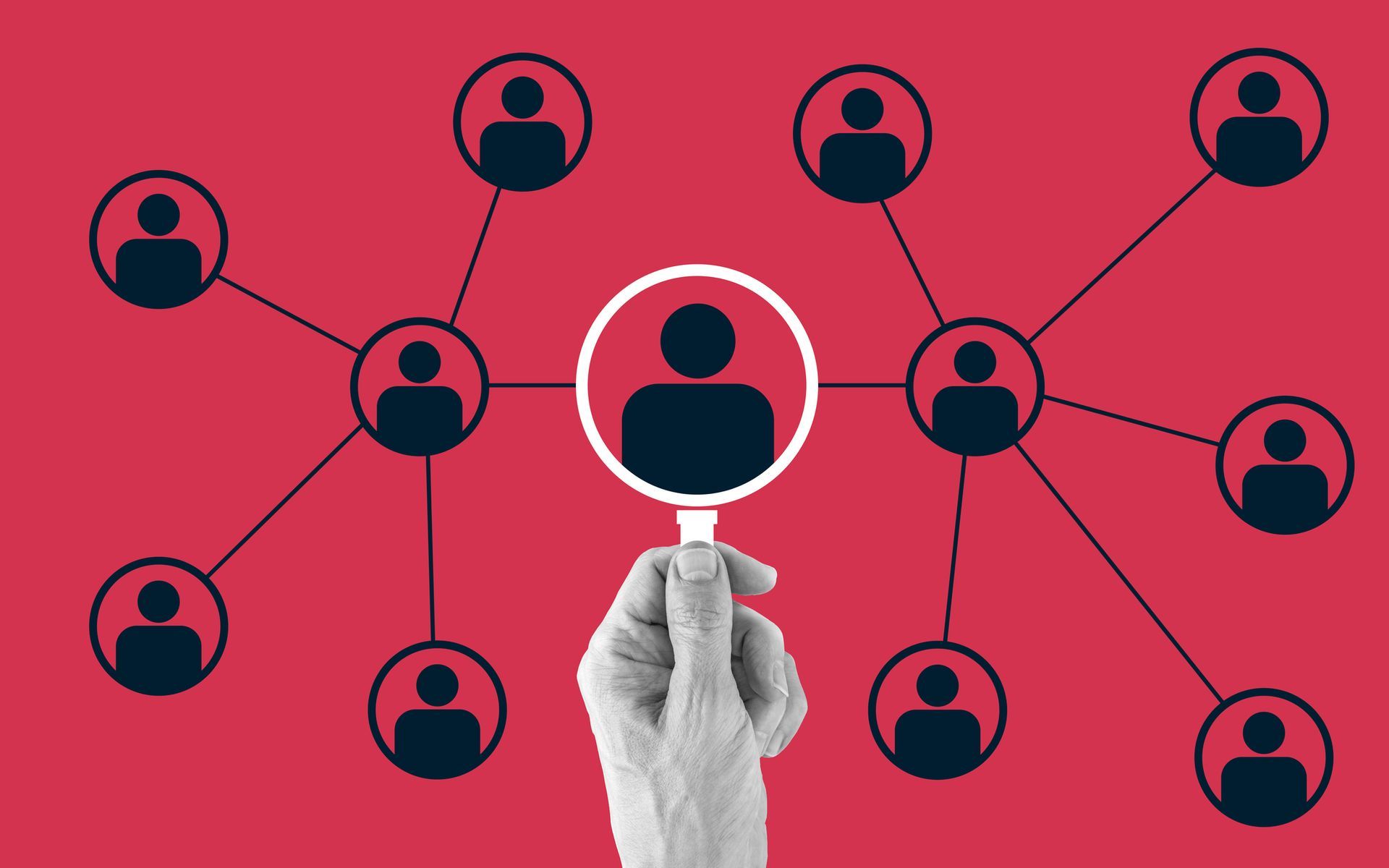 Magnifying glass highlighting user icon in digital social network on red background.