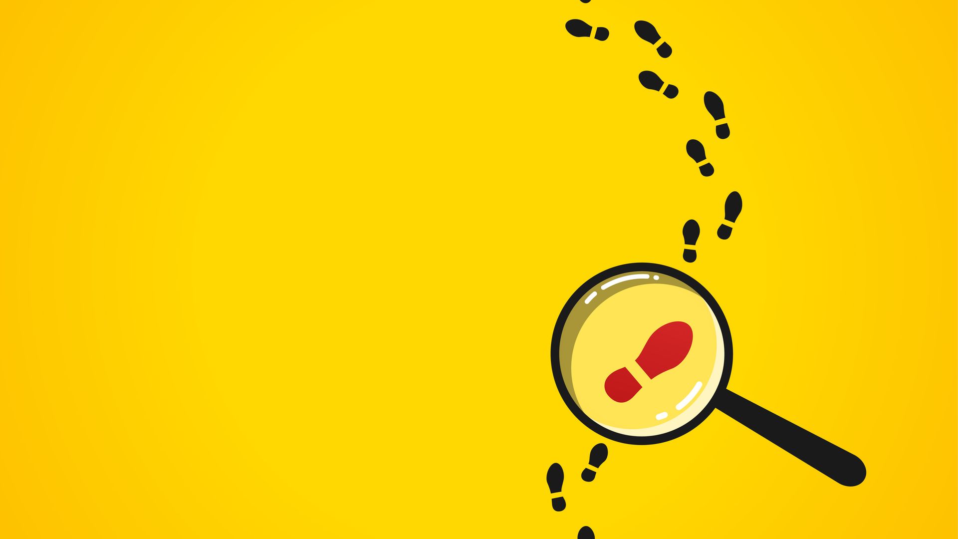 Magnifying glass over black footprints on yellow background. Magnifying glass over black footprints on yellow background.